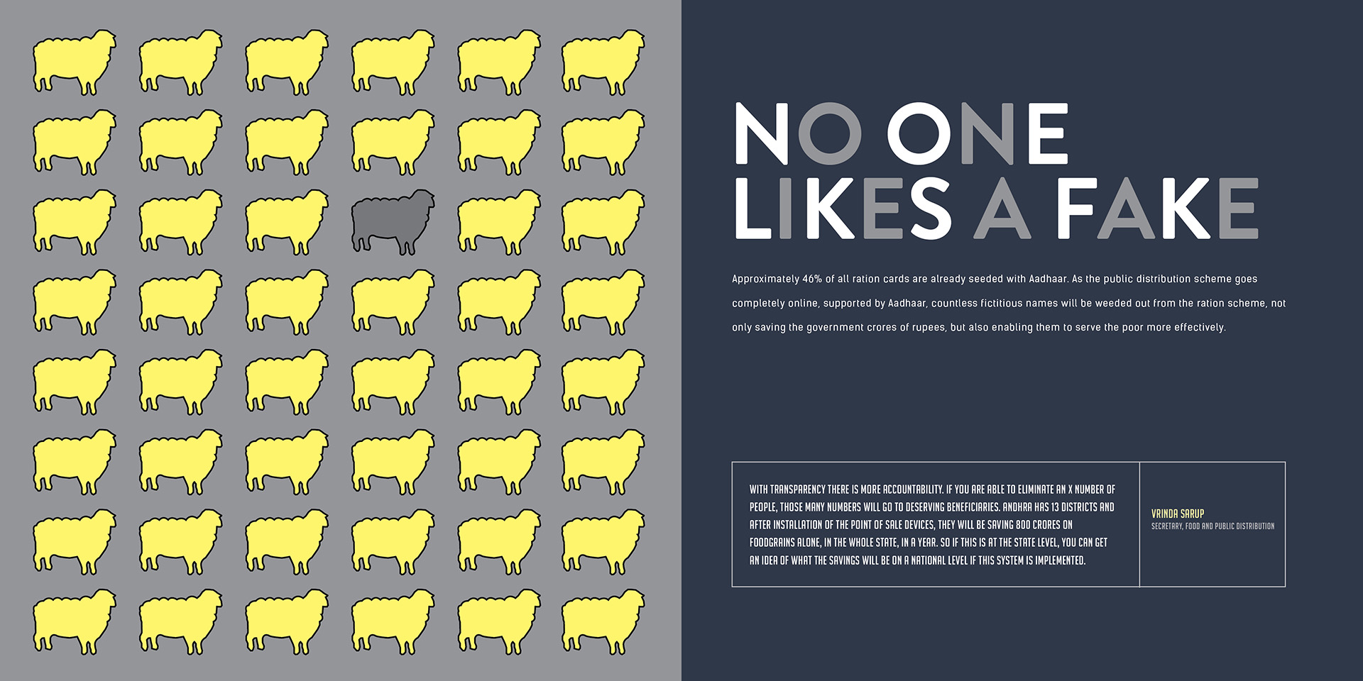 Spread: 'No one likes a fake', a grid of yellow sheep with one black sheep