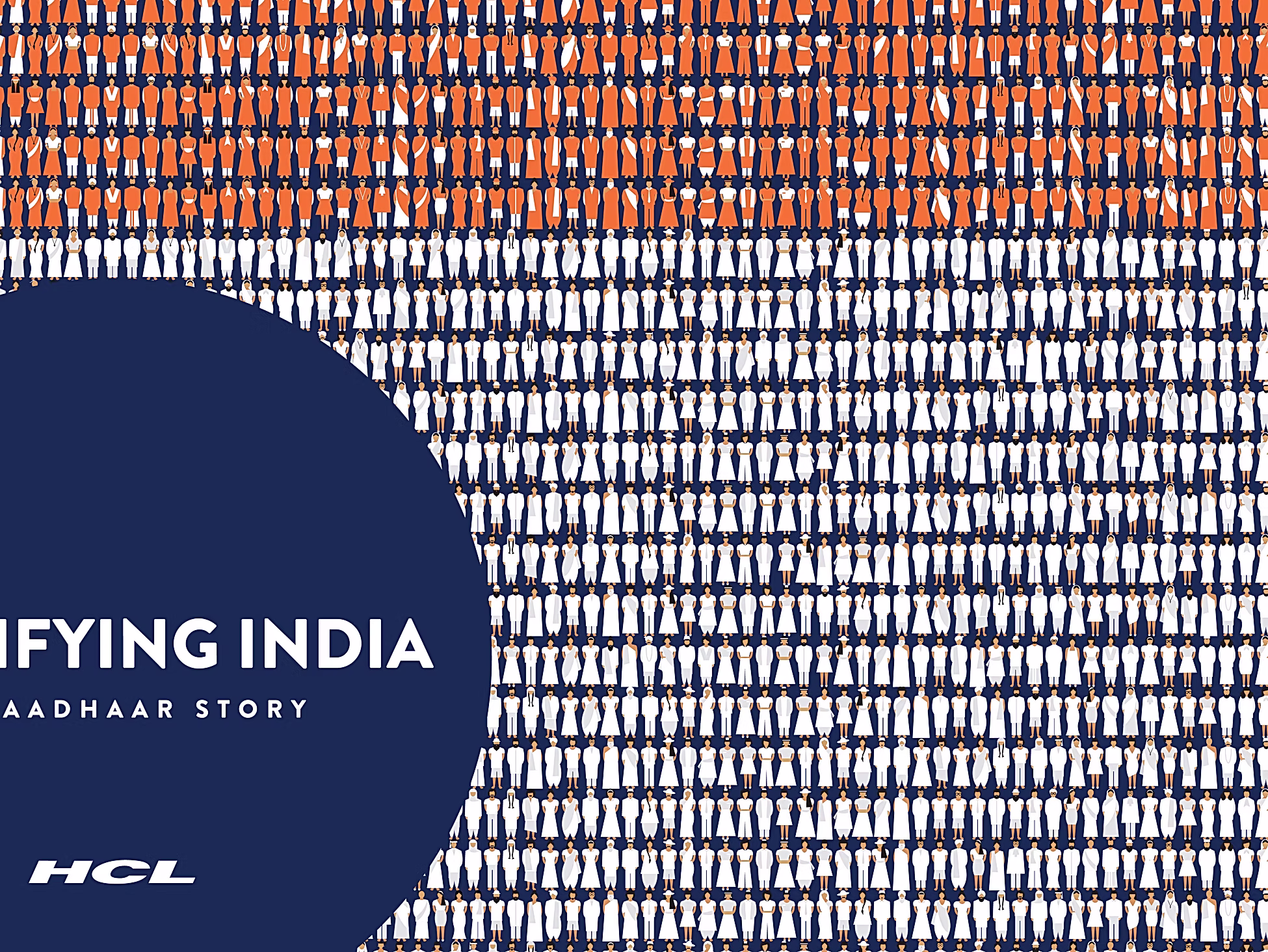 Close-up of the outer cover: tiny illustrated people in orange, white and green, with the title 'Identifying India, the Aadhaar story'