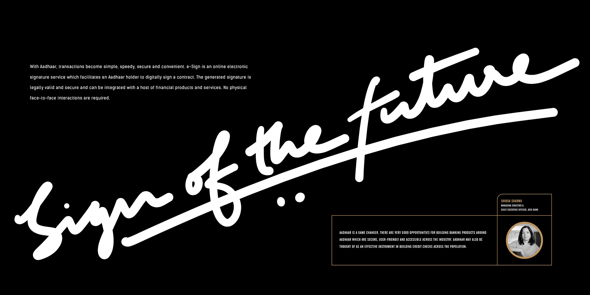 Spread: 'Sign of the future' in white script on black