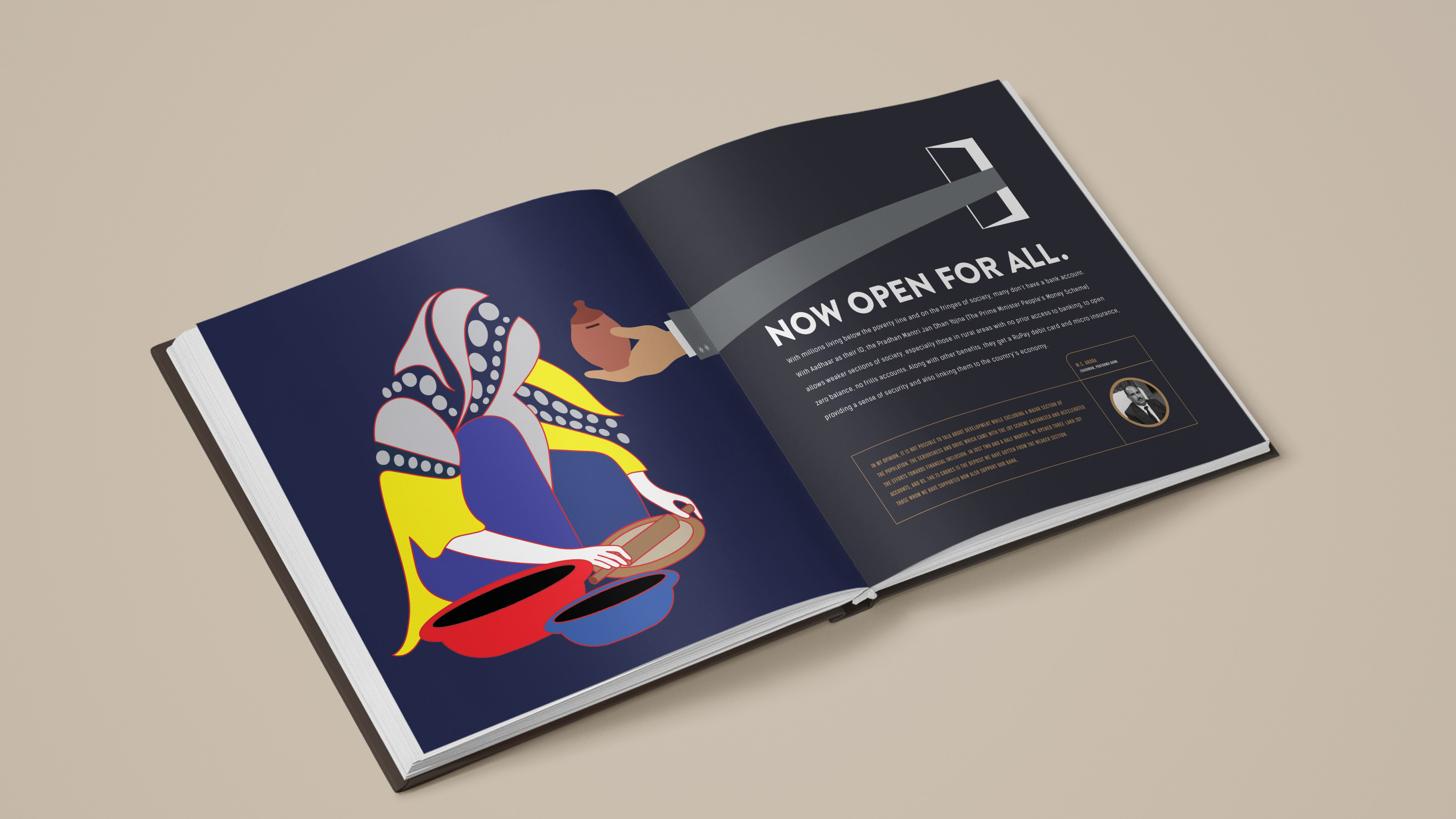 The book open on the 'Now open for all' spread with an illustration of a woman