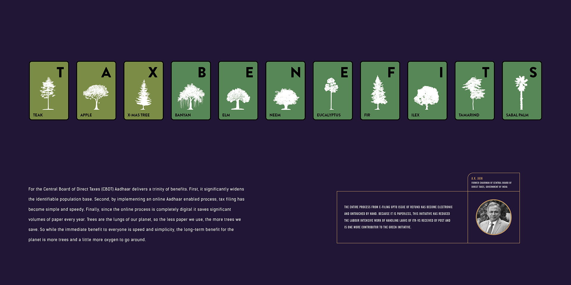 Spread: a row of tree icons spelling 'Tax benefits'
