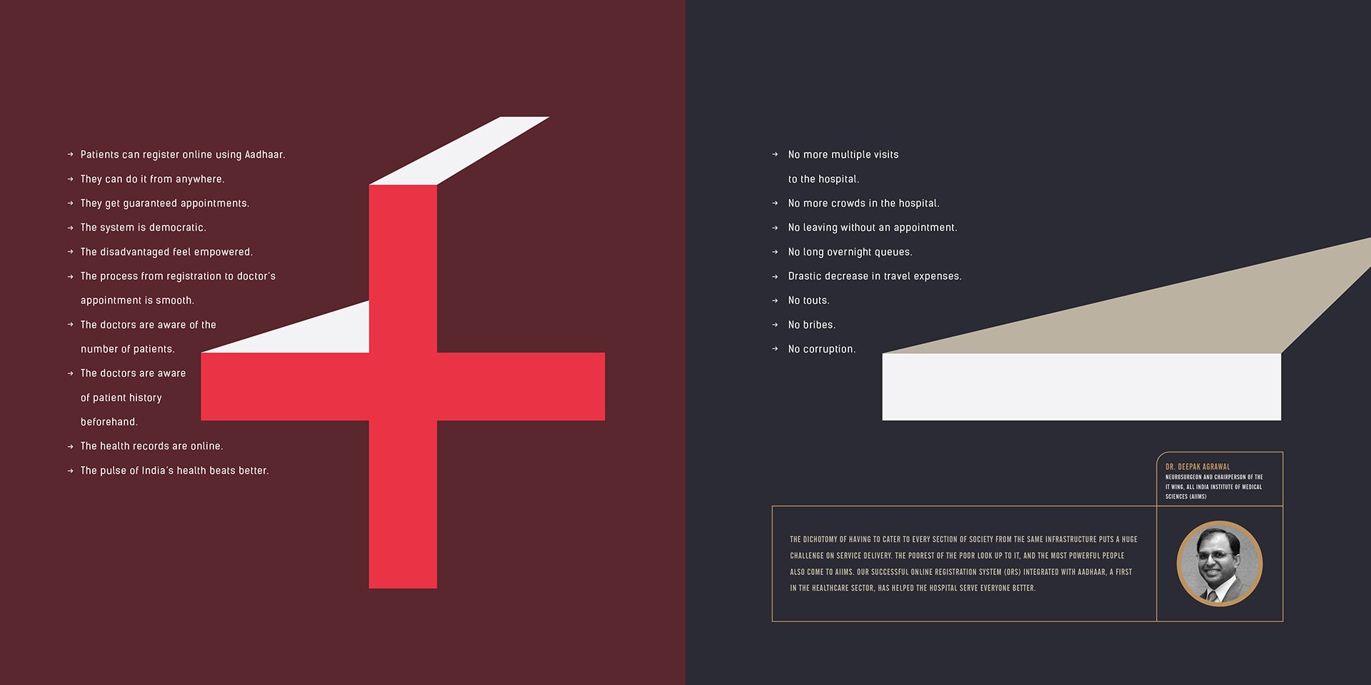 Spread: a large red plus sign on a maroon page