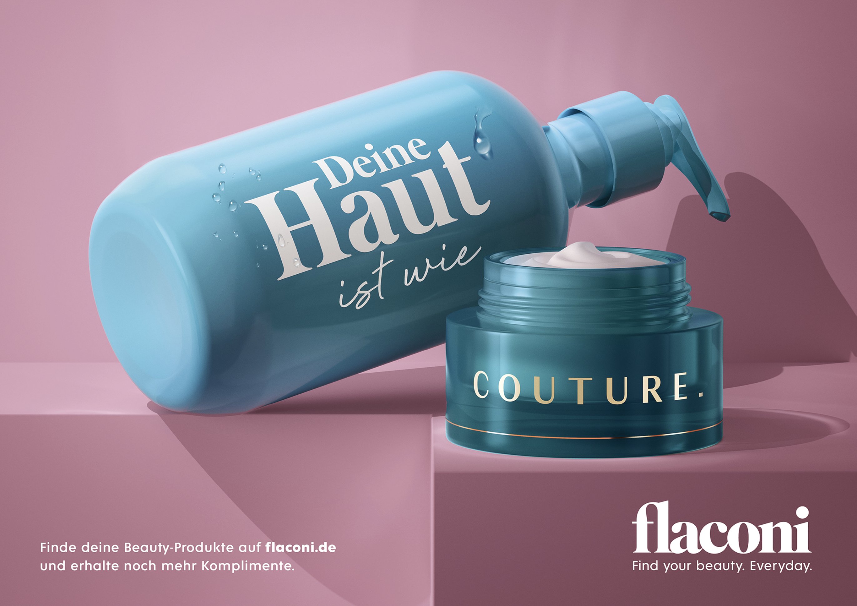 Flaconi skincare campaign: 'Deine Haut ist wie Couture' bottle and cream jar