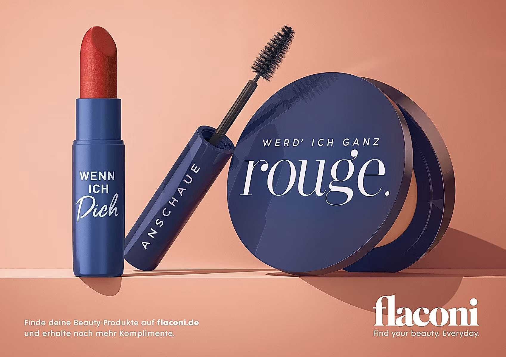 Flaconi makeup campaign: 'Werd' ich ganz rouge' lipstick, mascara and compact