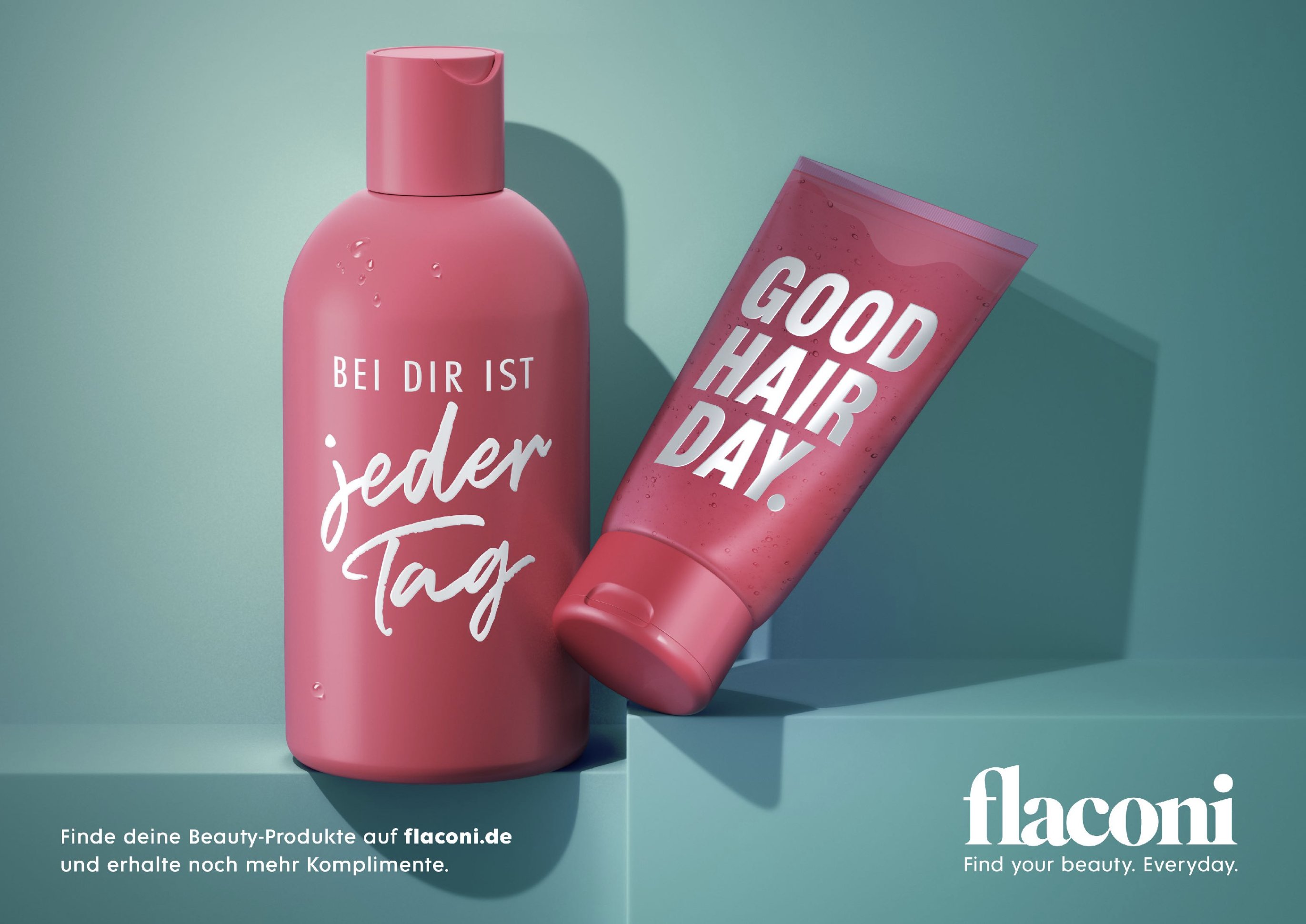 Flaconi haircare campaign: 'Bei dir ist jeder Tag Good Hair Day' bottle and tube