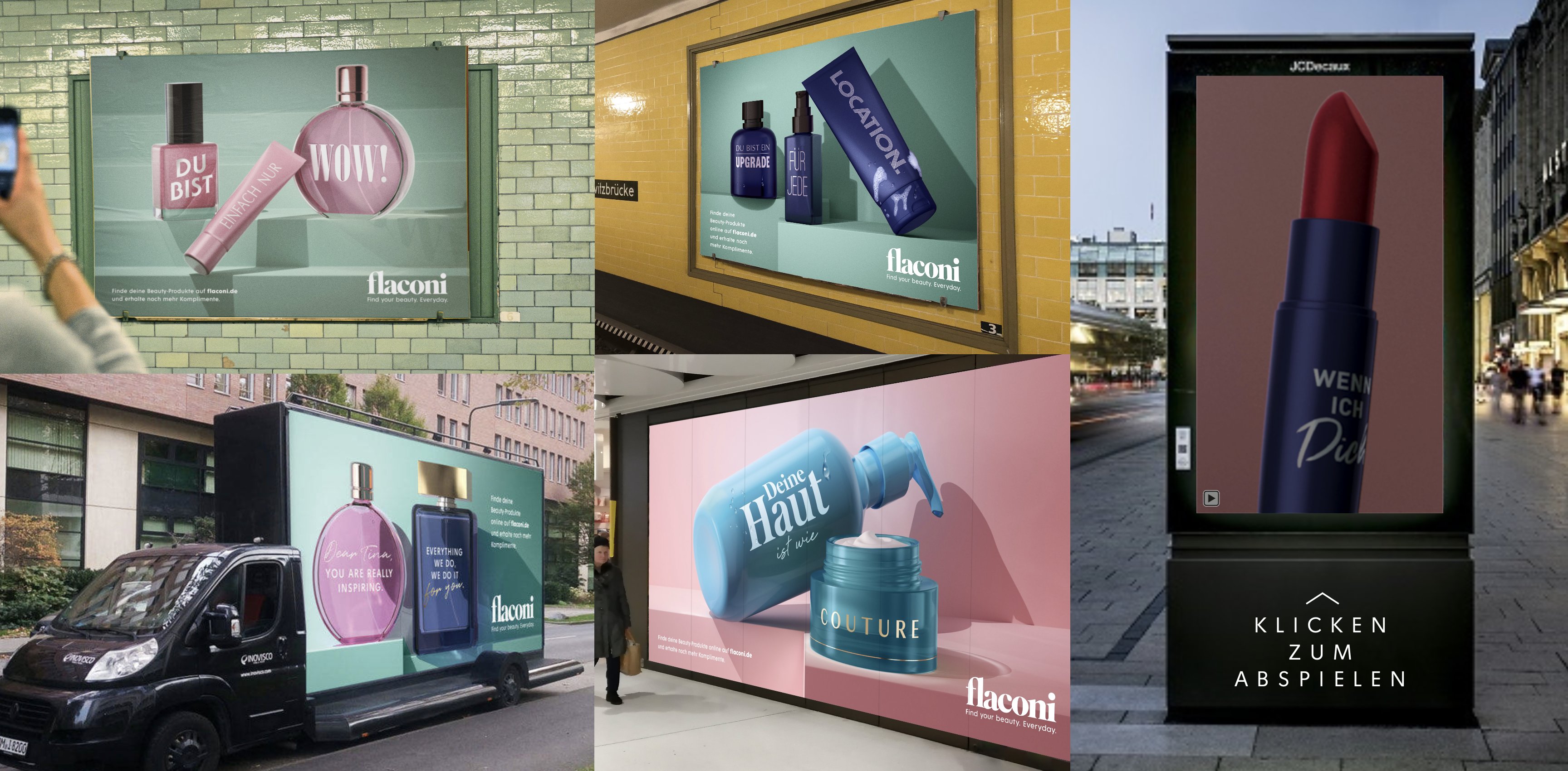 Flaconi out-of-home placements across billboards, subway posters, a van wrap and a digital screen