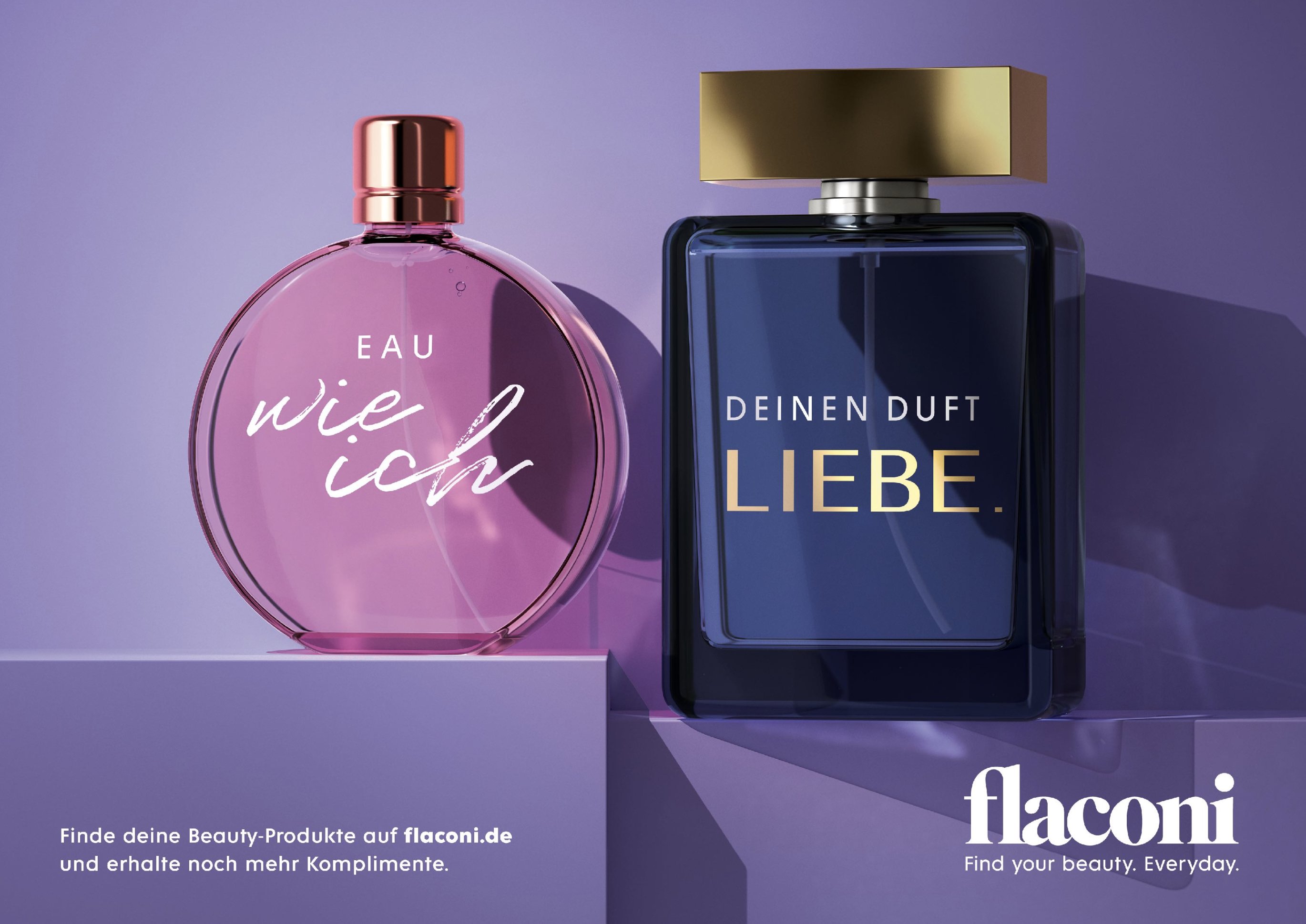 Flaconi fragrance campaign: 'Eau wie ich' and 'Deinen Duft Liebe' perfume bottles