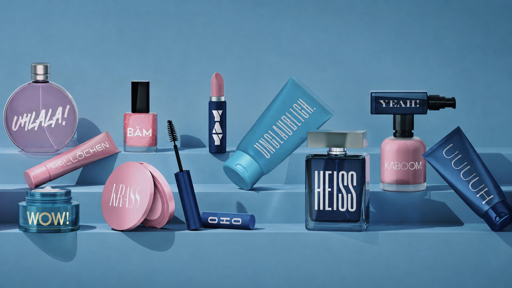 Flatlay of Flaconi beauty products including perfume, nail polish, lipstick and skincare