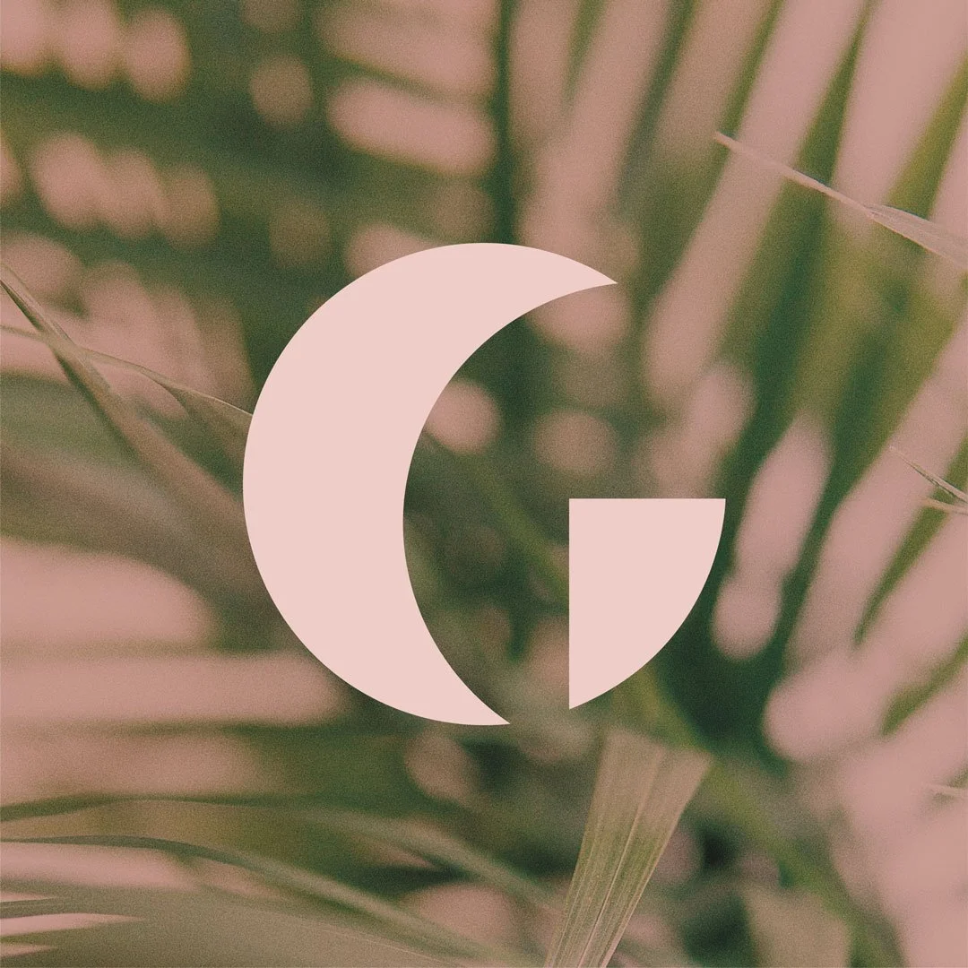 Gabriella's moon logo over a green palm leaf photo