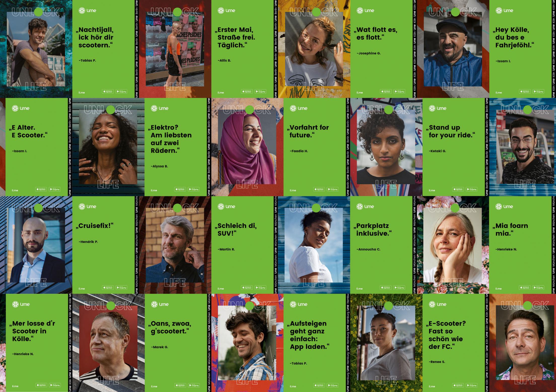 Contact sheet of dozens of Unlock Life poster designs, each with a different local voice