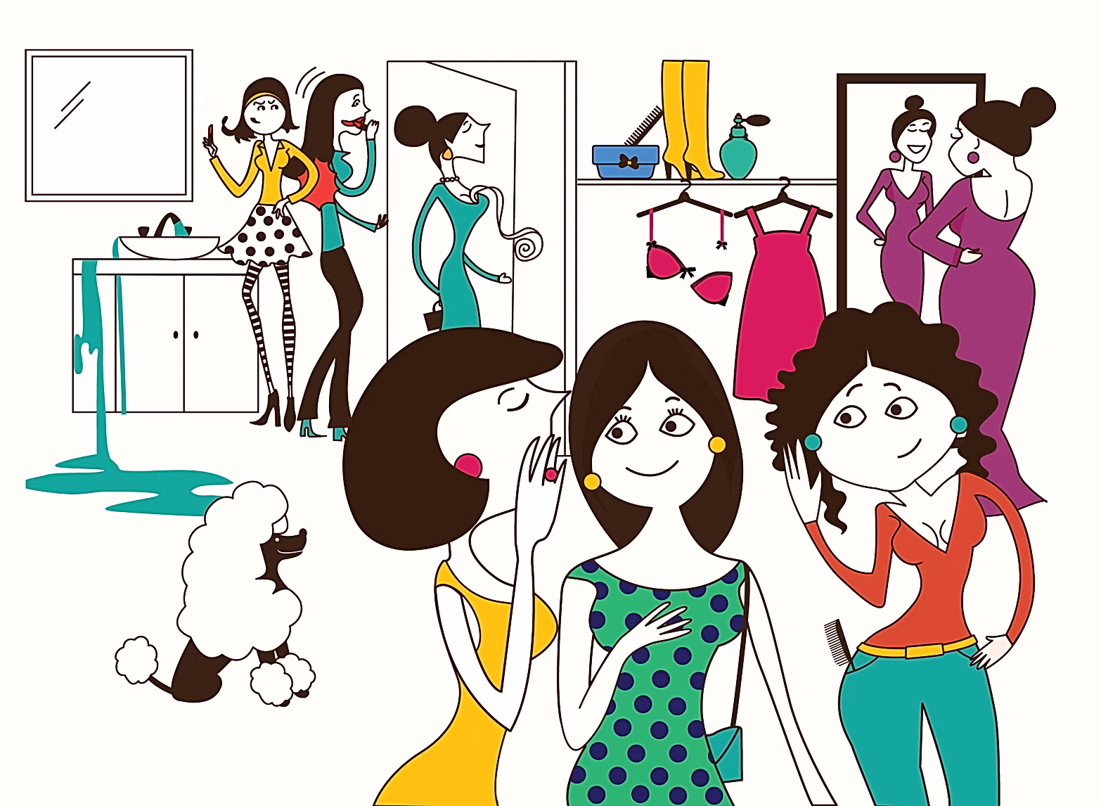 Bathroom wall illustration: women chatting, doing make-up and trying on clothes, with a poodle