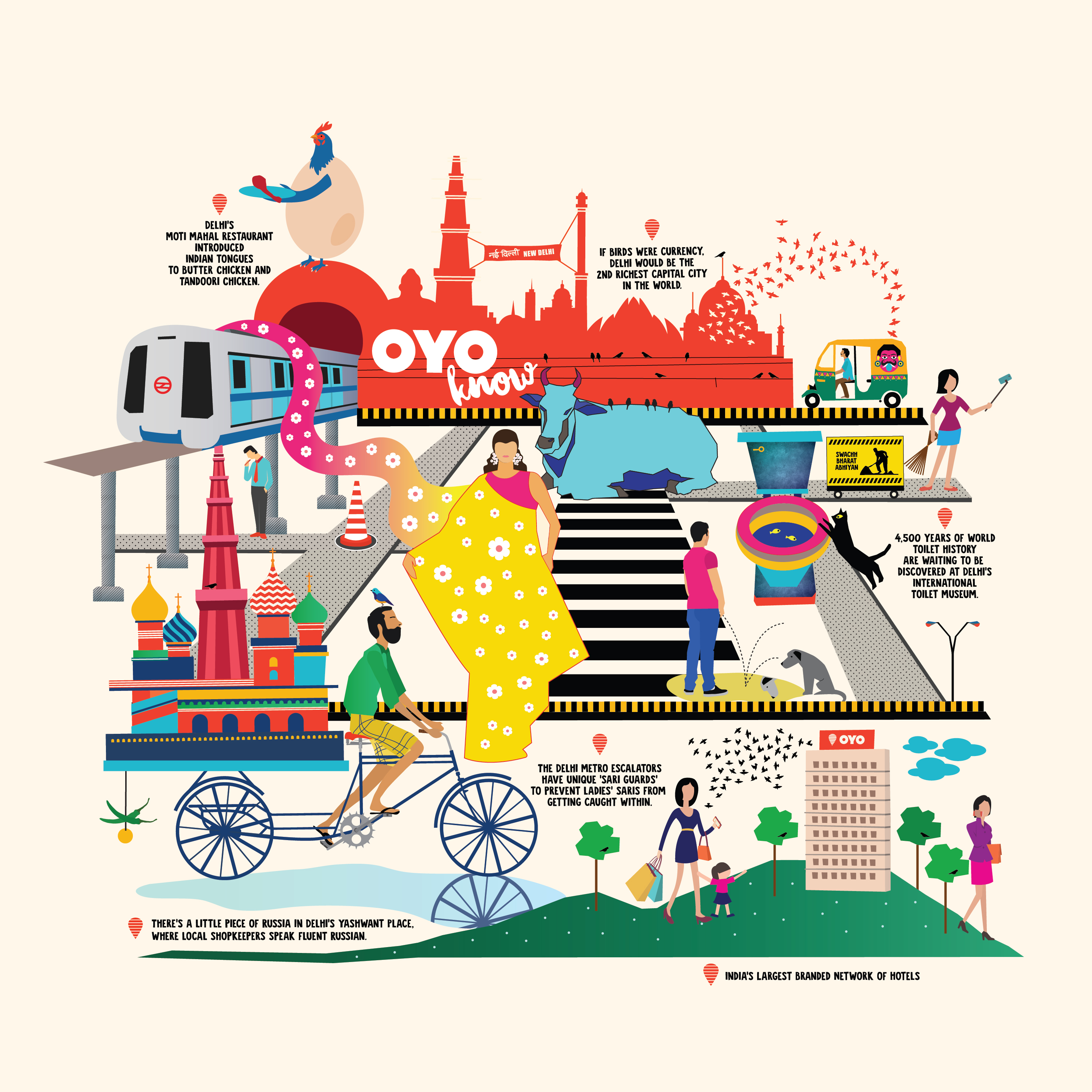 'OYO know' Delhi illustration: the metro, Qutub Minar, a cycle rickshaw and facts about the city
