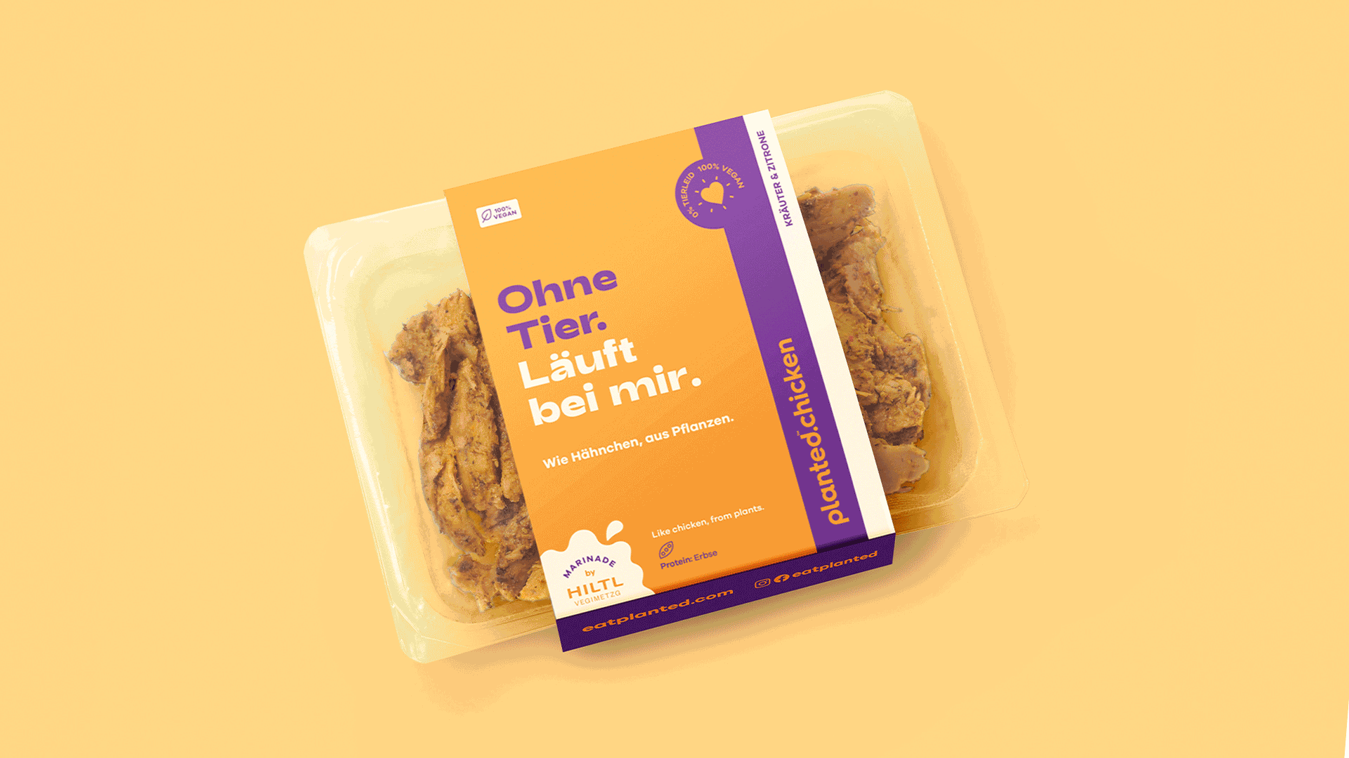 'Ohne Tier. Läuft bei mir.' planted.chicken packaging