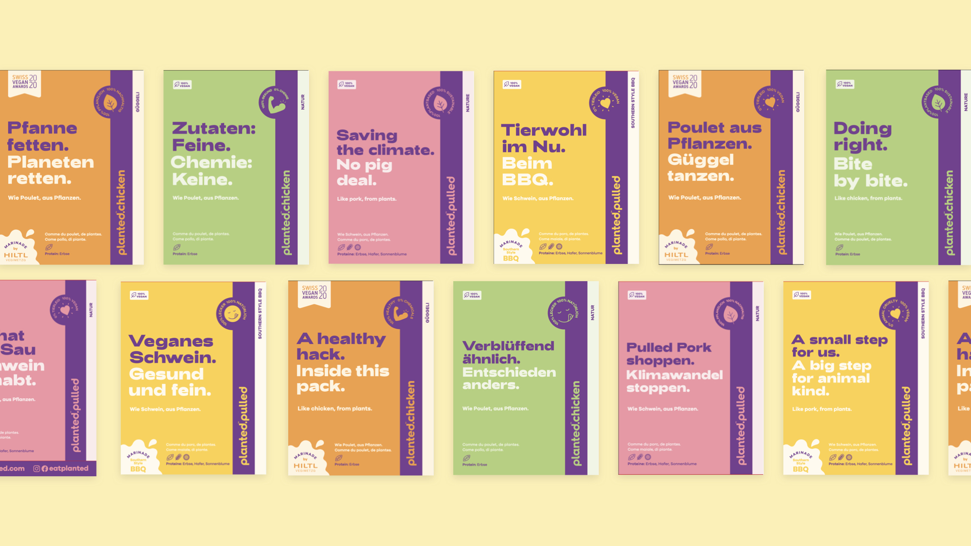 A grid of planted.chicken and planted.pulled packaging designs, each with a different playful headline