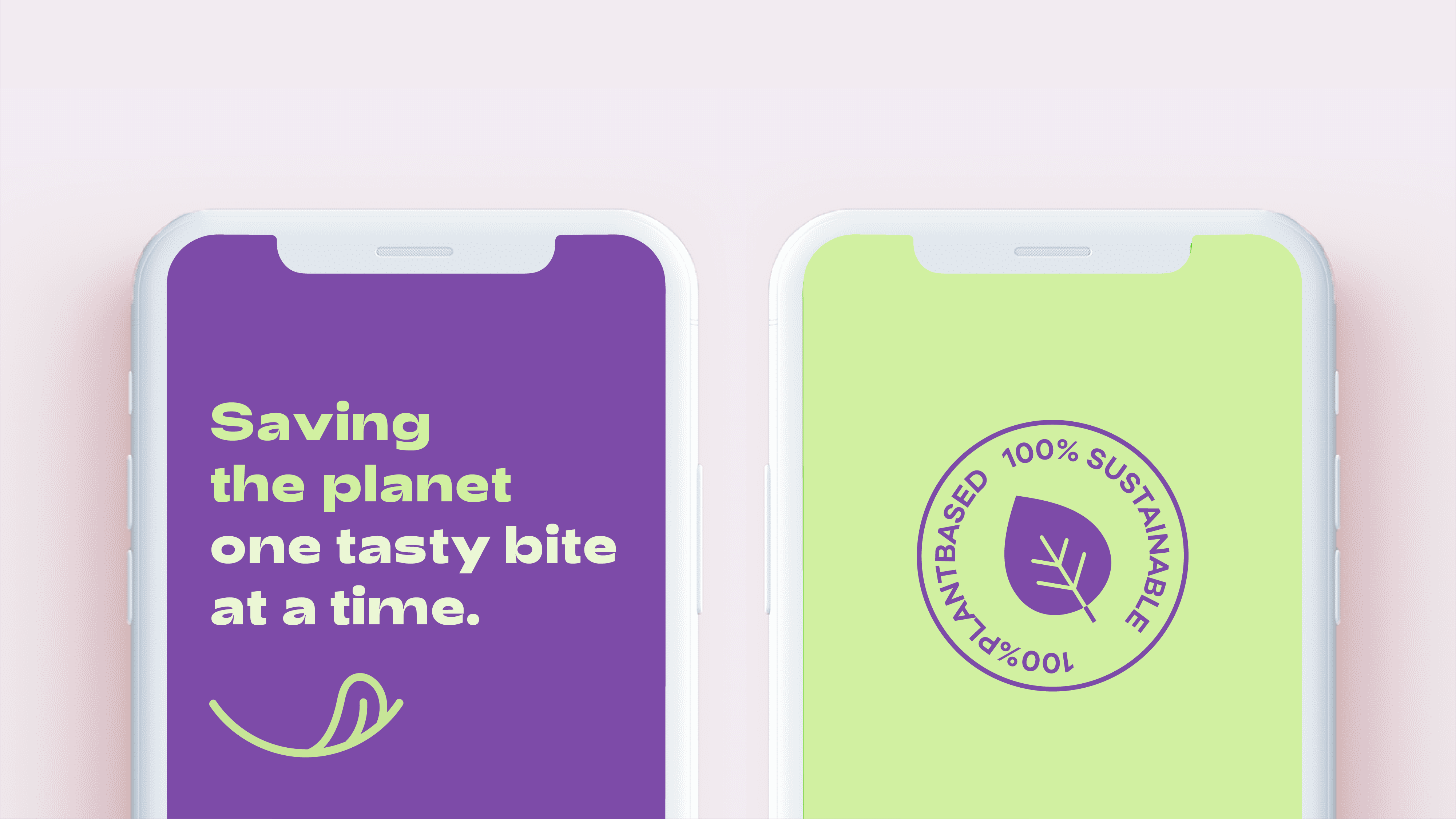 Two phone screens: 'Saving the planet one tasty bite at a time' and a '100% sustainable' badge