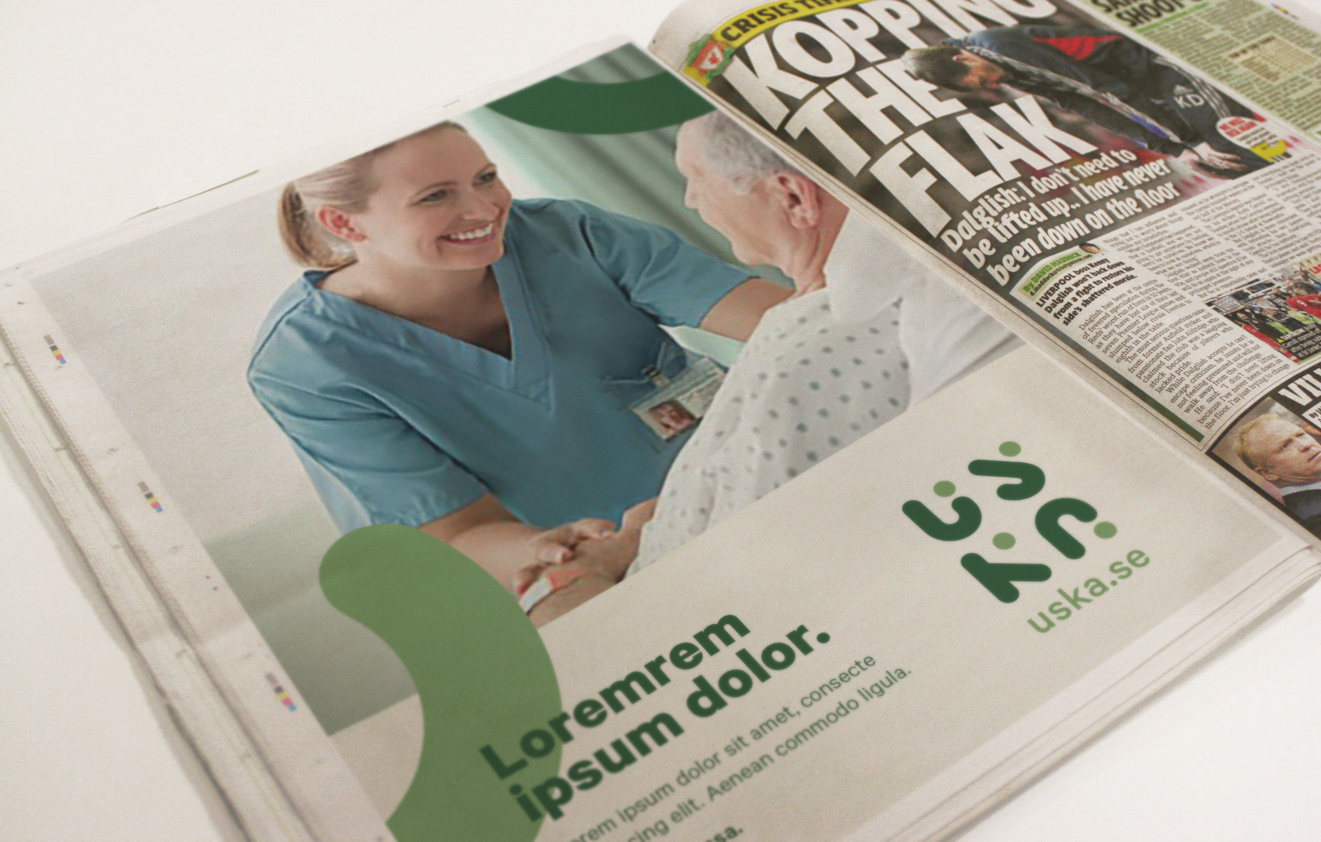 A newspaper advert mockup featuring a nurse and patient, with the Uska logo