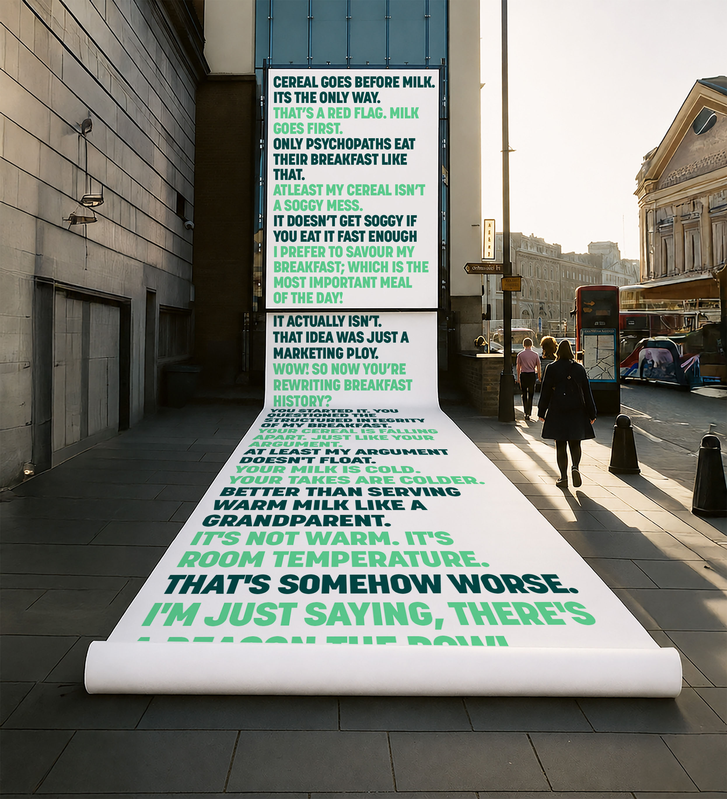 A long receipt-style poster unrolled on a city sidewalk, printed with a scrolling debate about cereal and milk