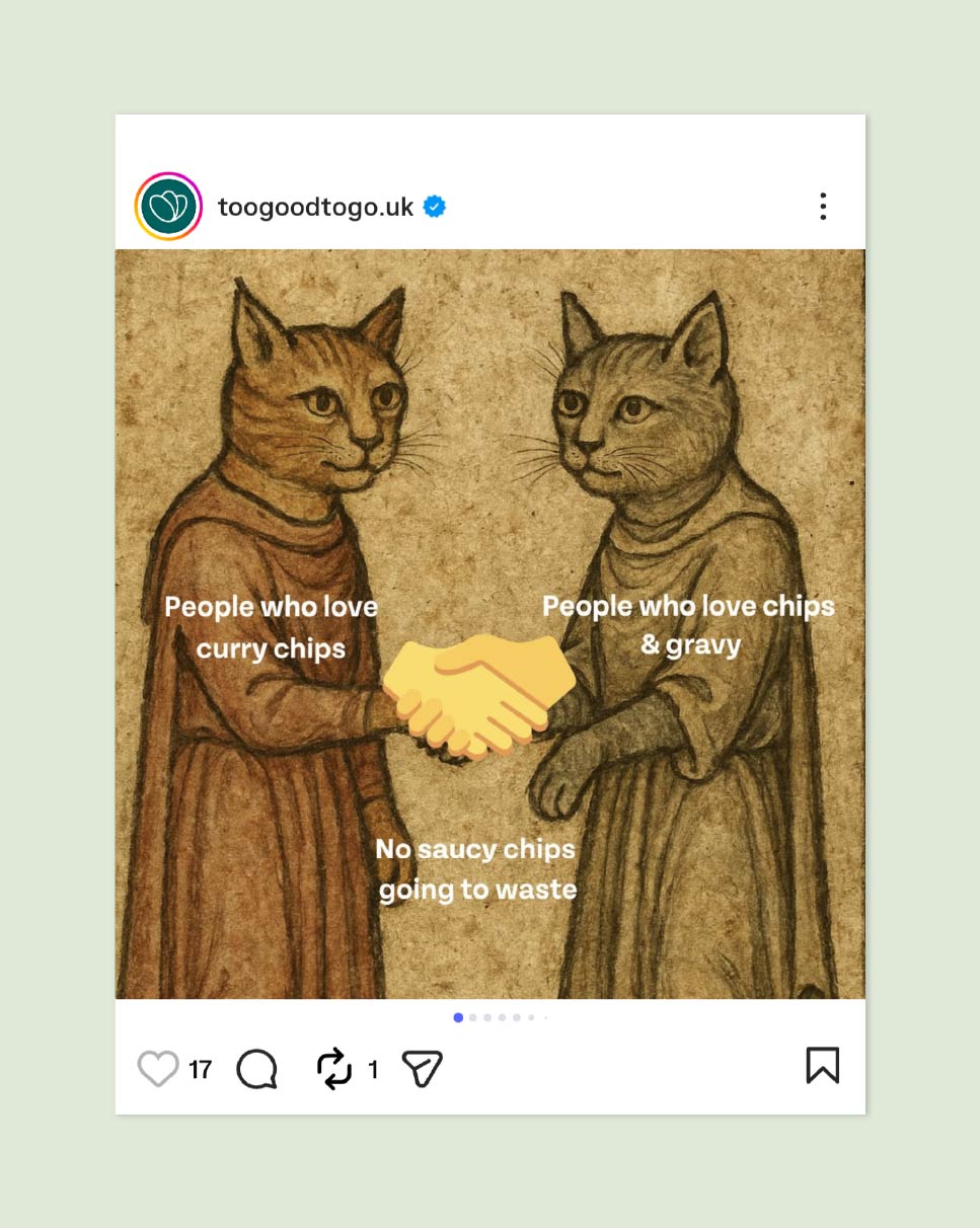 An illustration of two cats shaking hands, captioned ‘People who love curry chips’ and ‘People who love chips & gravy’, with ‘No saucy chips going to waste’