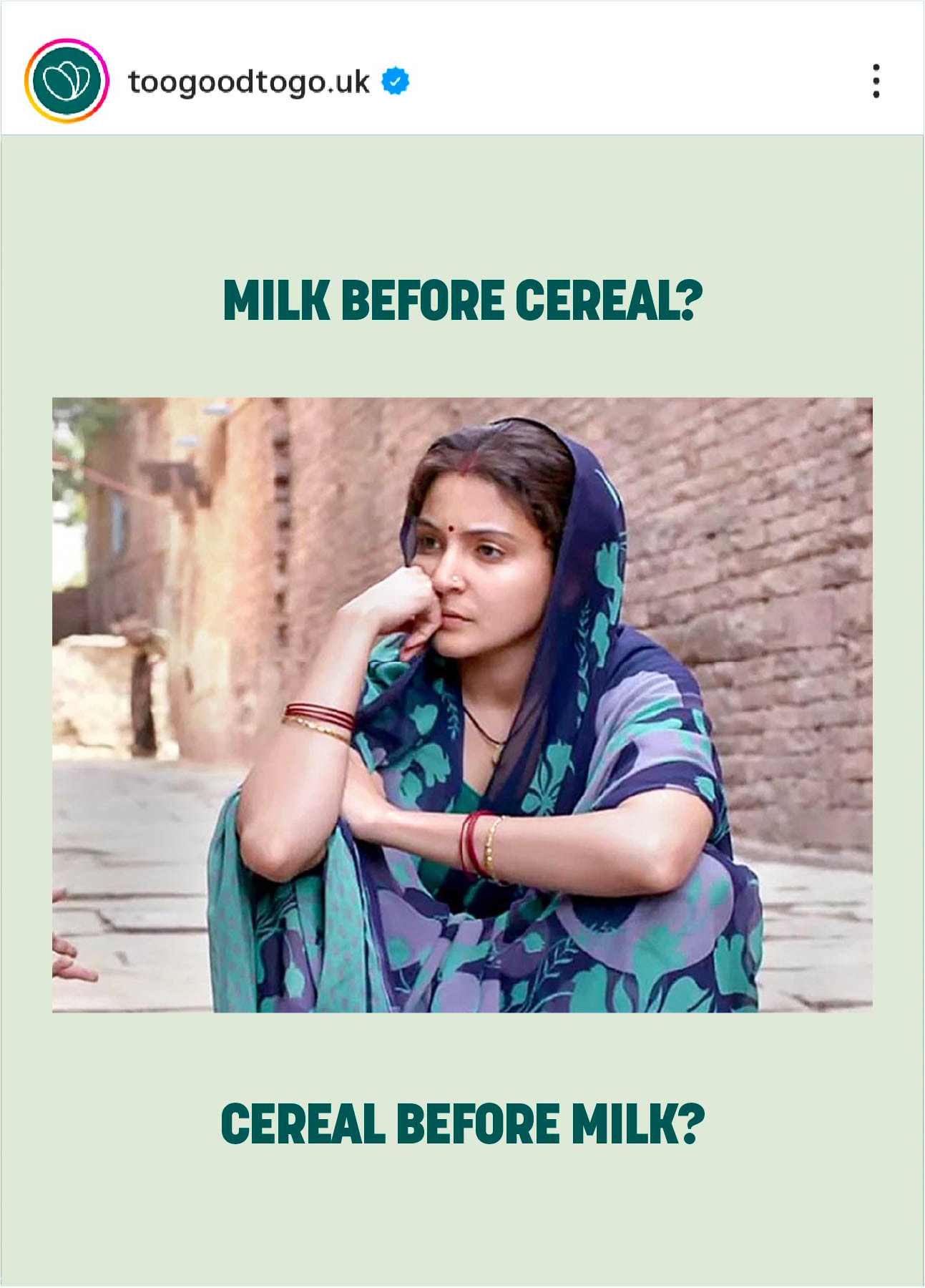 Instagram post: ‘Milk before cereal?’ and ‘Cereal before milk?’, with a photo of a woman looking skeptical