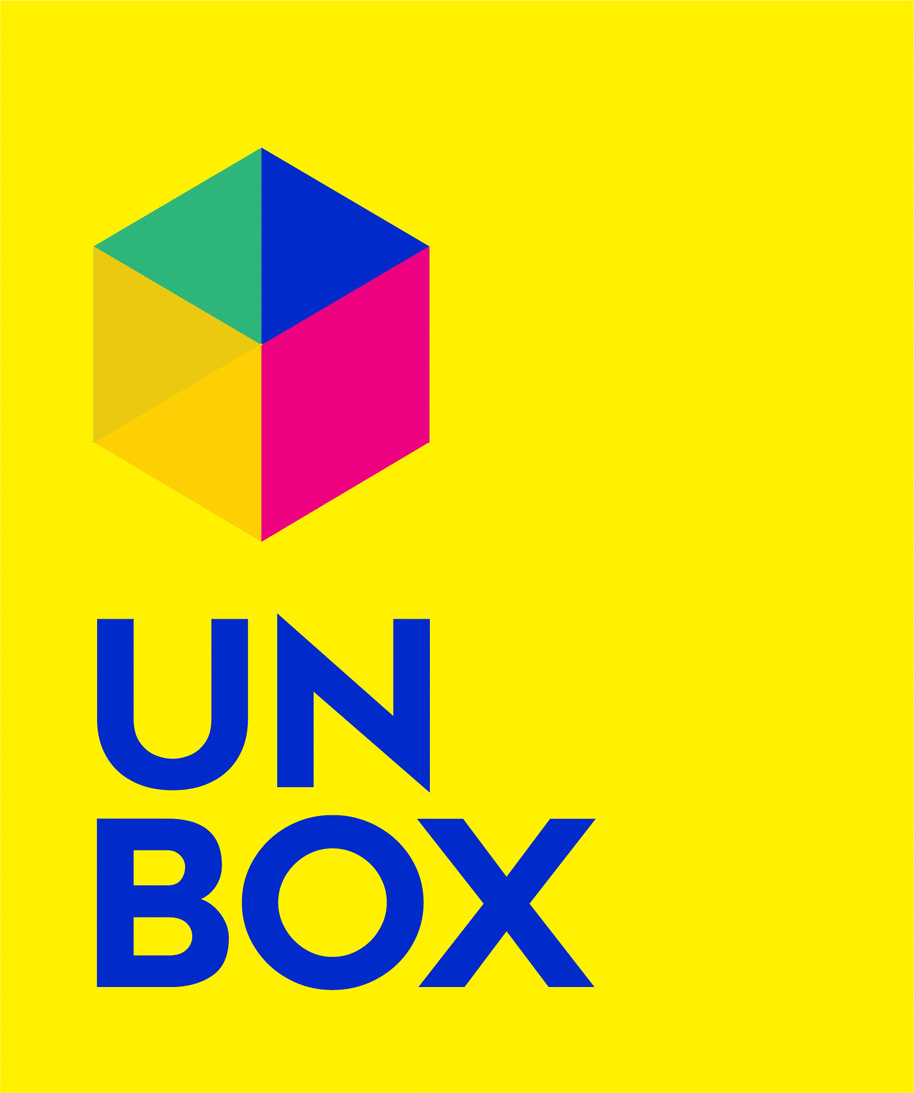 The Unbox logo: a multicoloured cube above the word UNBOX on a yellow background